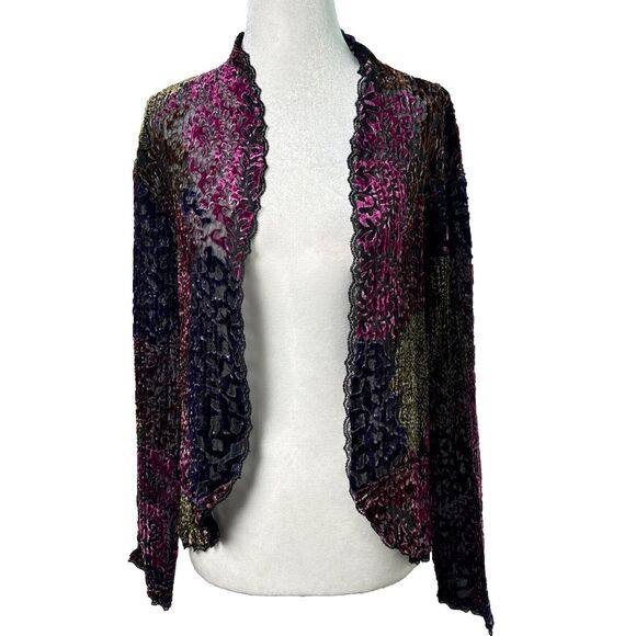 Women M Burnout Velvet Open Front Cardigan Lace Trim Fairy Goth Witchy Boho - Picture 2 of 8